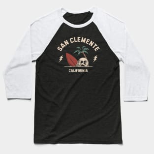 Vintage Surfing San Clemente California // Retro Surf Skull Baseball T-Shirt